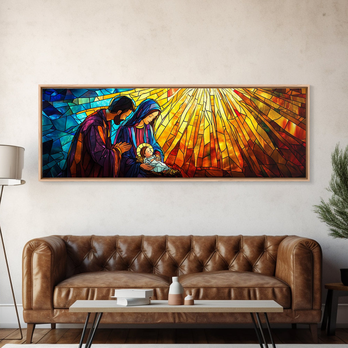 Mary and Joseph Canvas Print, Nativity Painting, Stained Glass Style Art, Nativity Wall Decor, Christmas Wall Art, Panoramic Exra Wide Art