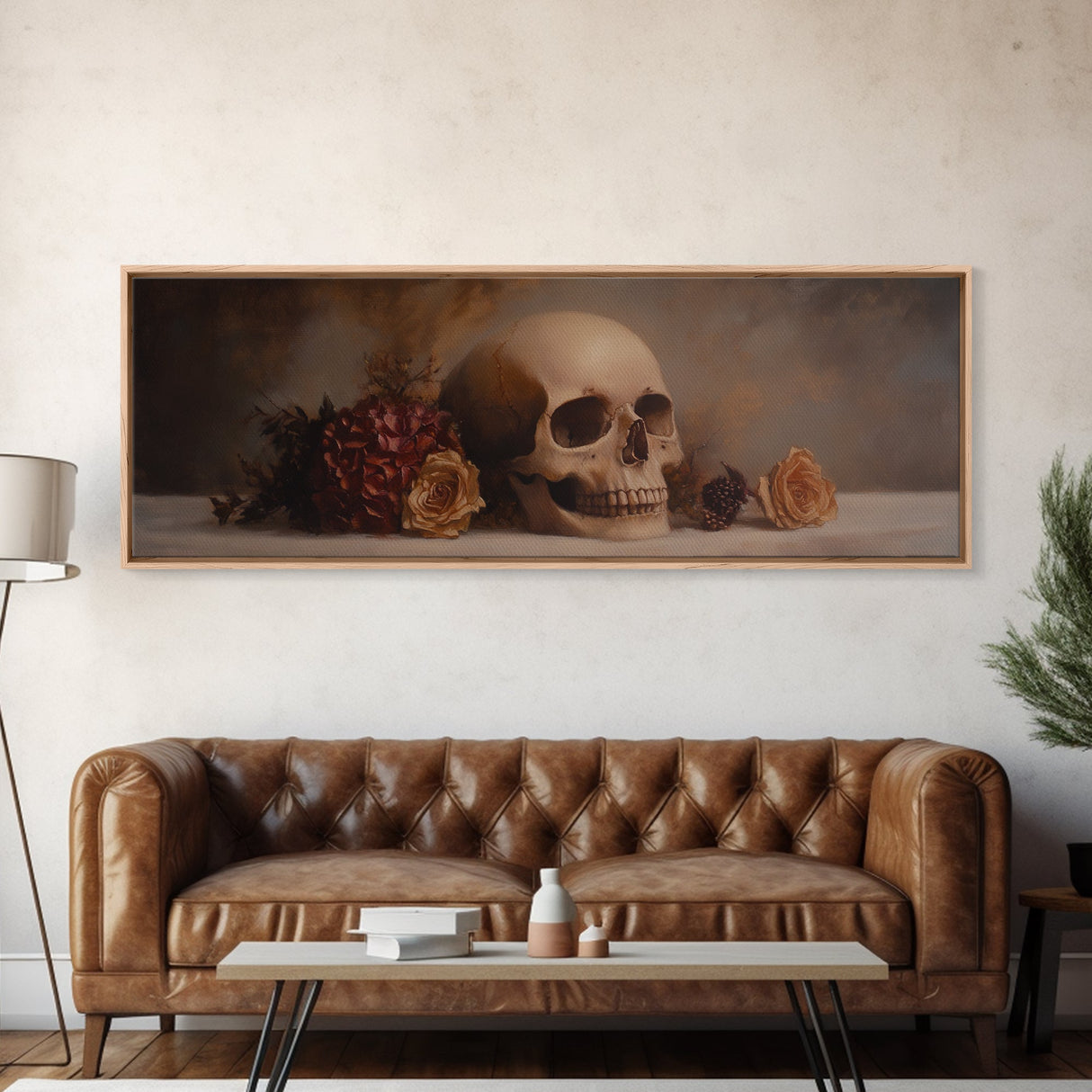 Dark Academia Oil Painting Print Stil Life of a Skull and Flowers, Gothic Home Decor, Goth Art, Witchy Decor, Halloween Art, Moody Decor