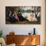 Victorian Women Having a Summer Party on the River, Framed Canvas Print, Victorian Summr Day Oil Painting Print, Whimsical Wall Art