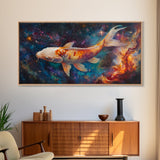Koi Fish in Space, Framed Canvas Print, Abstract Wabi Sabi Style Painting, Koi Fish Home Decor, Japanese Style Artwork, Boho Decor