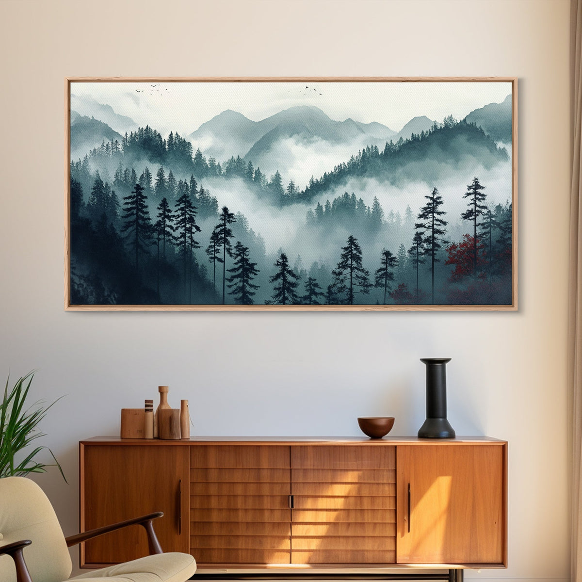 Foggy Mountain Landscape At The Break of Dawn, Framed Canvas Print, Foggy Landscape Painting, Blue Ridge Mountains Painting Print