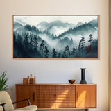 Foggy Mountain Landscape At The Break of Dawn, Framed Canvas Print, Foggy Landscape Painting, Blue Ridge Mountains Painting Print