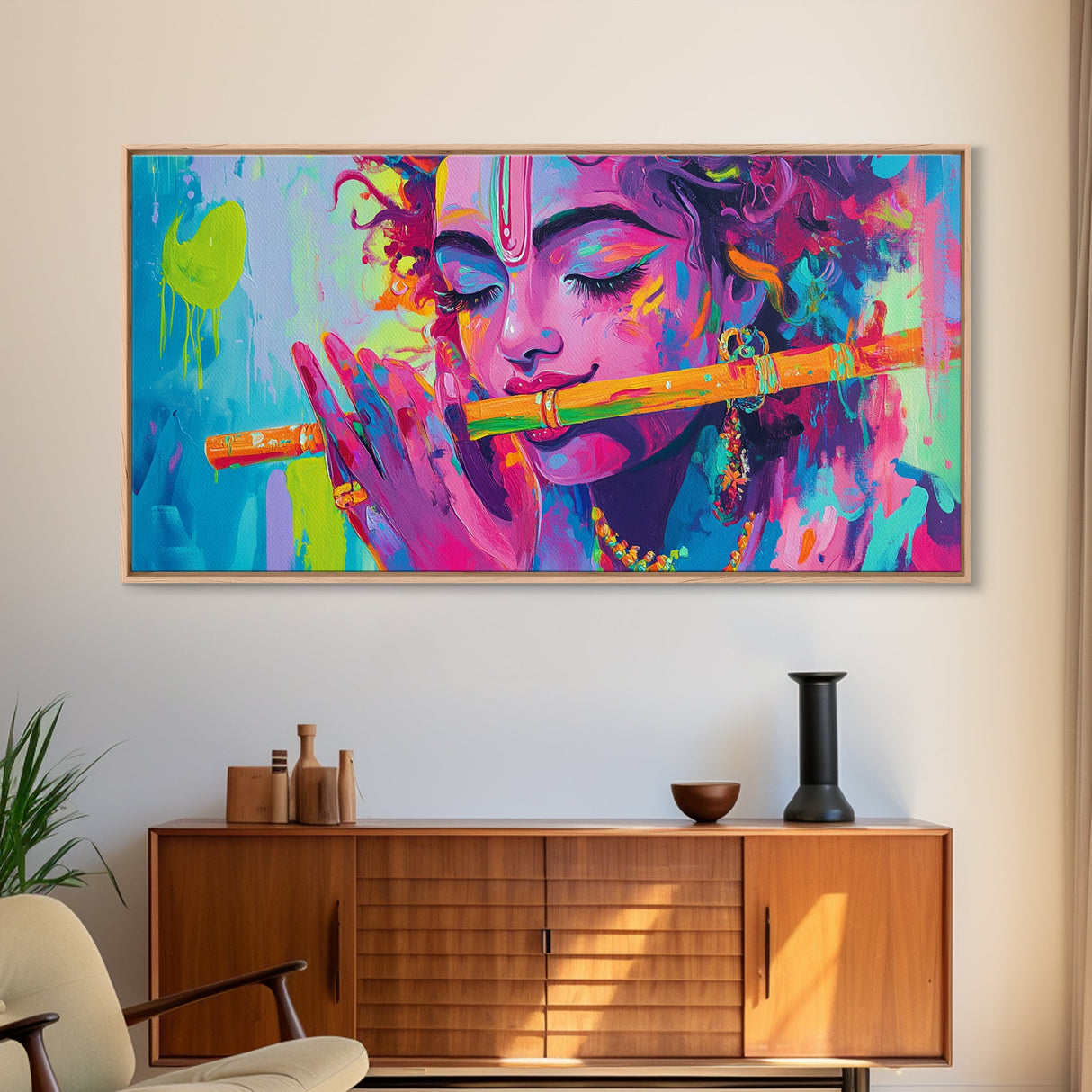 Radha Krishna Painting Print, Hindu Wall Art, Framed Canvas Print, Hinduism Wall Art, Krishna Wall Art, Krishna Playing A Flute