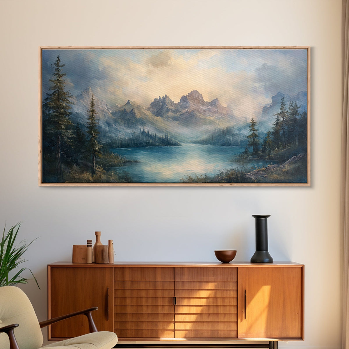 Foggy Mountain Forest Landscape Painting Print, Landscape On Canvas Ready Too Hang - Large Panoramic Canvas Wall Art Prints Landscape Art