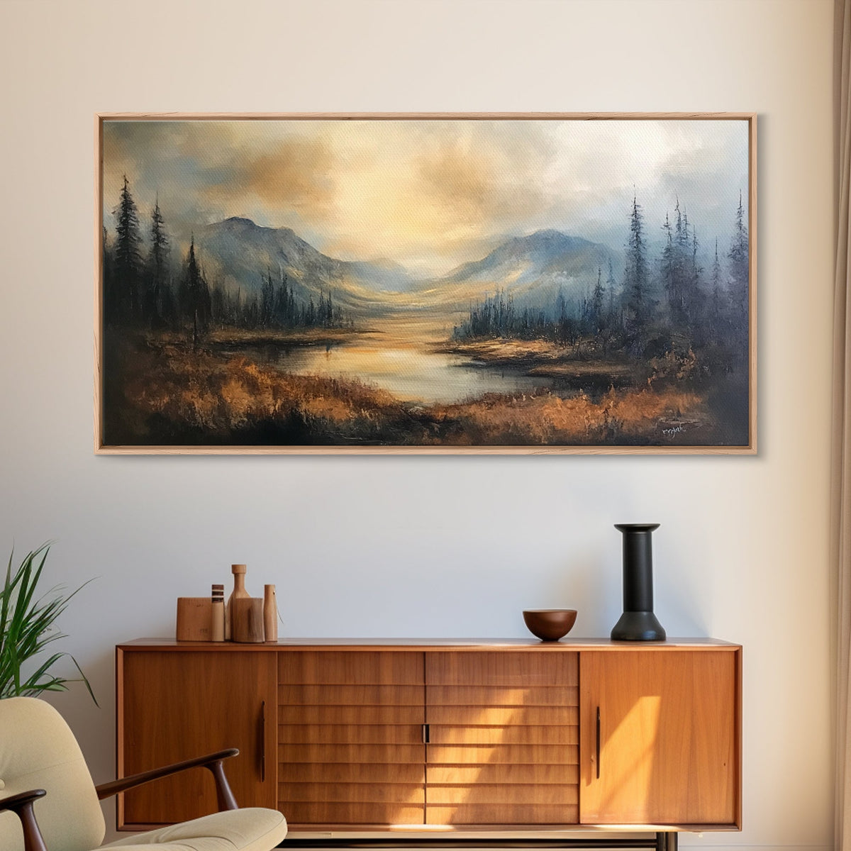 Foggy Mountain Forest Landscape Print, Ready To Hang - Large Panoramic Canvas Wall Art With Frame - Landscape Oil Painting For Living Room