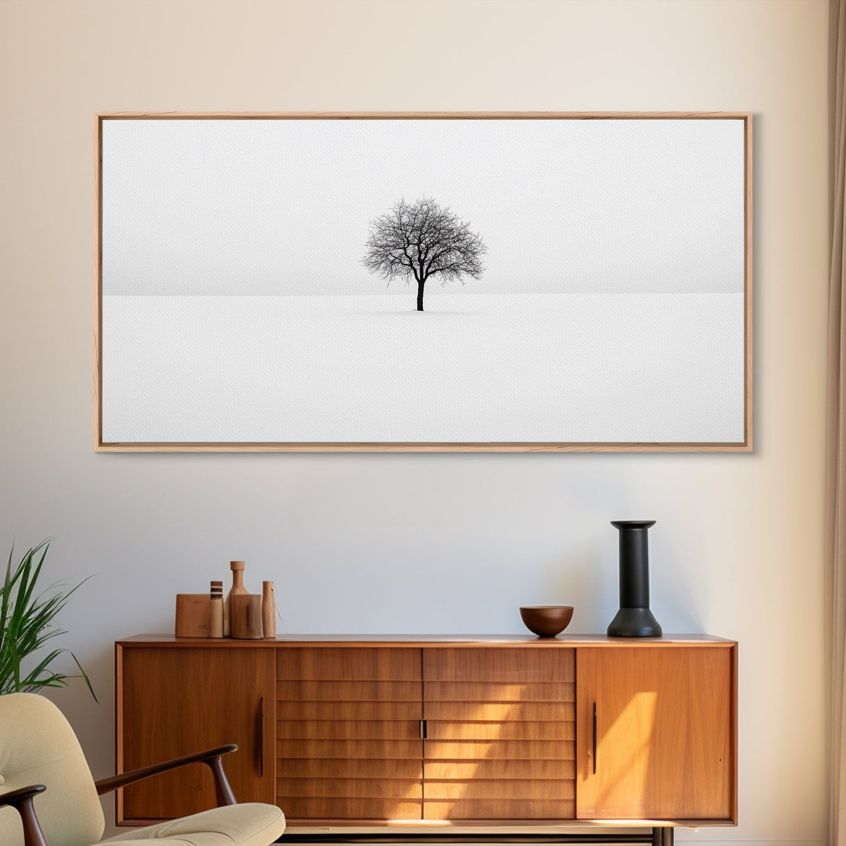 Footprints In the Snow Lead To a Lone Dead Tree - Framed Canvas Print - Ready To Hang Art - Moody Wall Art - Black and White Photography Print