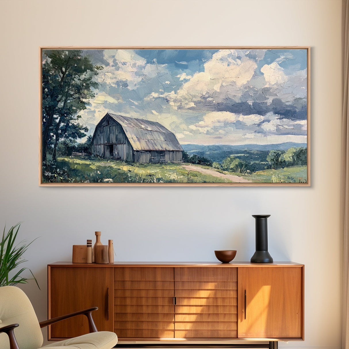 Rustic Old Barn Painting Framed Canvas Print Panoramic Rural Landscape Primitive Art Farmhouse Home Decor Barn Wall Art Ready To Hang