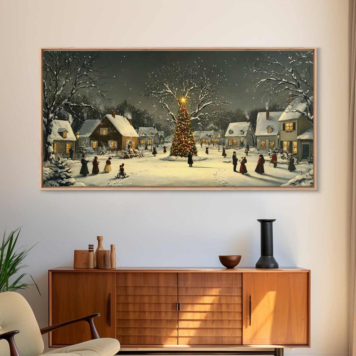 Festive Christmas Village Wall Art Framed Canvas Print, Festive Christmas Street Scene, Cozy Christmas Wall Art, Ready To Hang Xmas Decor