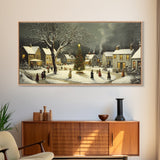 Bustling Christmas Street Scene Oil Painting Canvas Print, Snowy Holiday Night, Festive Victorian Christmas Village Oil Painting, Christmas Decor