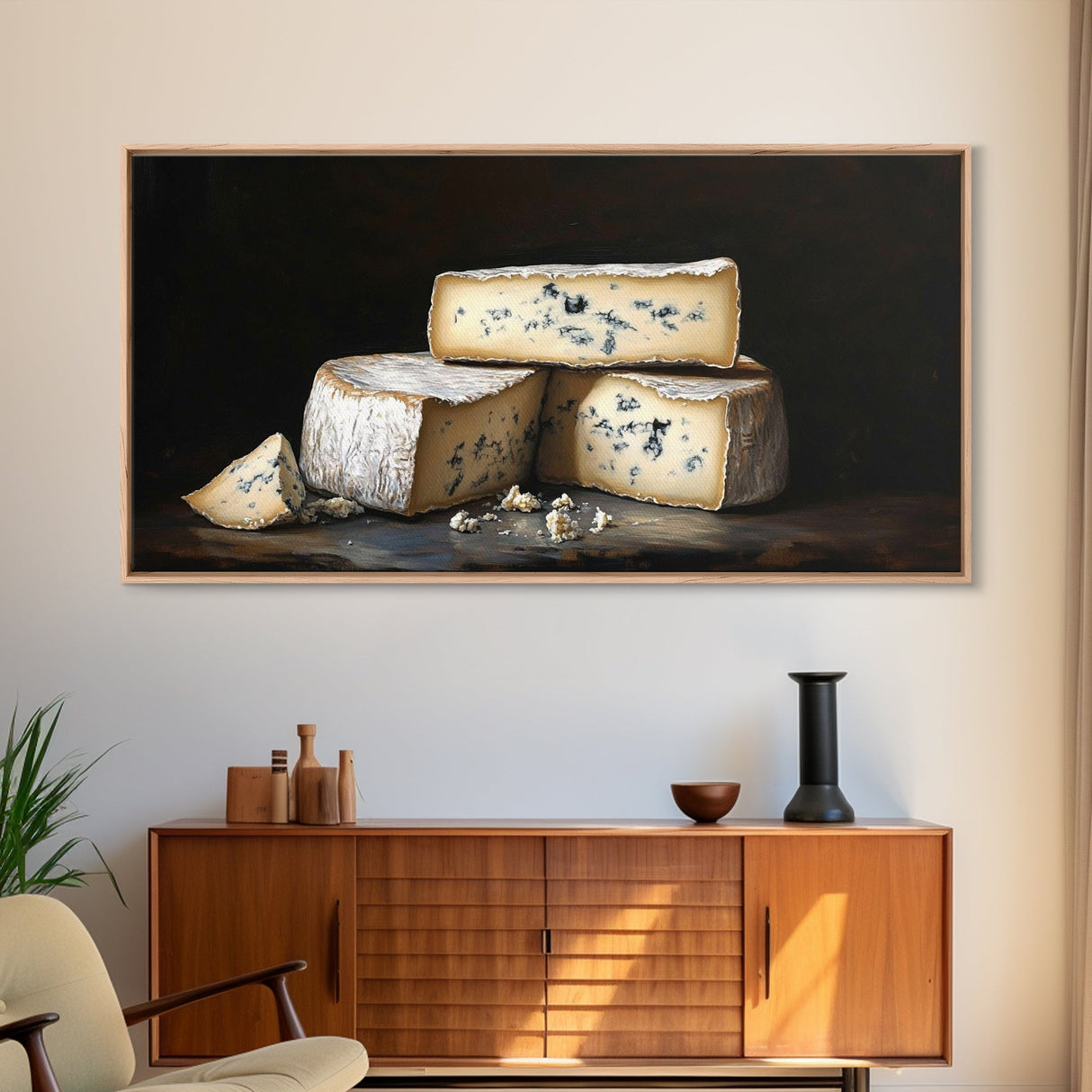 Still Life of Bleu Cheese - Frame Canvas Print - Kitsch Home Decor - Eclectic Kitchen Wall Art - Funny Kitchen Art - Cheese Painting - Cheese Art