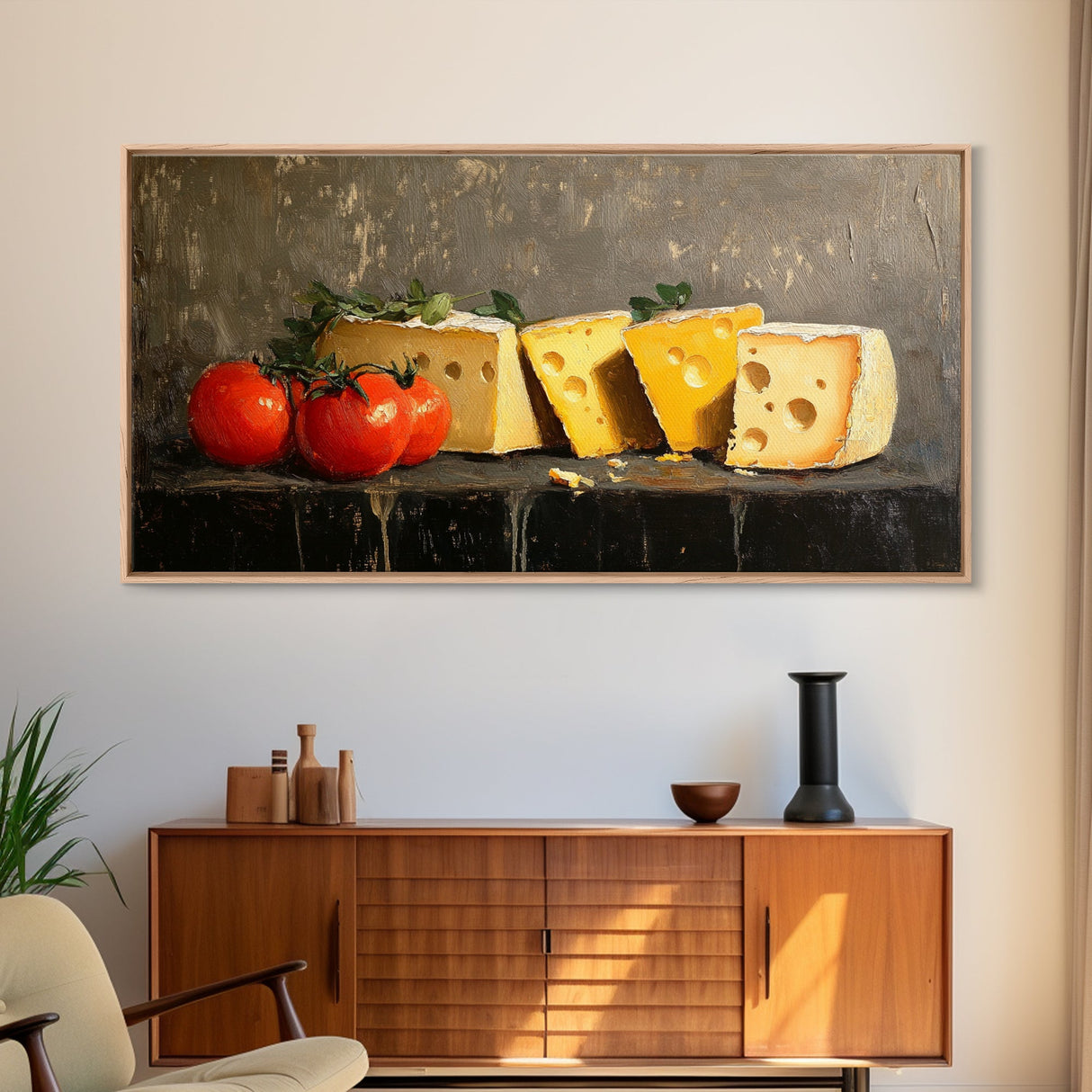 Still Life of Tomatoes and Cheese - Framed Canvas Print - Kitchen Wall Art - Kitsch Home Decor - Food Oil Painting Wall Art