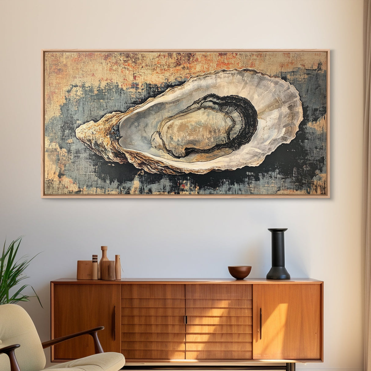 Oyster Shell Painting Canvas Print, Boho Nautical Decor, Coastal Wall Art, Framed Canvas Print, Minimalist Oyster Painting, Nautical Wall Art