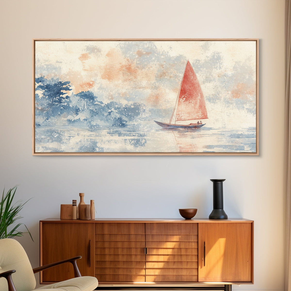Sailboat sails at Dawn Framed Canvas Print - Nautical Decor - Coastal Decor - Neutral Seascapes Painting - Modern Wall Art