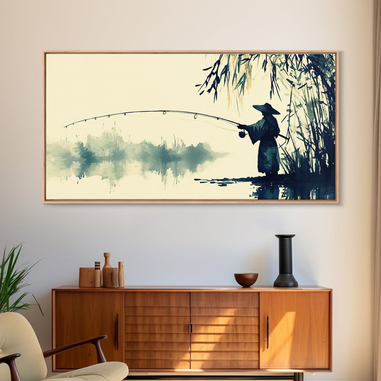 Watercolor Painting Print of a Fisherman - Elegant Japanese Style Artwork - Framed Canvas Print Ready to Hang - Coastal Wall Art - Fishing Gift