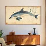 Retro Minimalist Dolphin Painting, Dolphin Home Decor, Framed Canvas Print, Nautical Decor, Elegan Japanese Style Artwork, Wabi Sabi Art