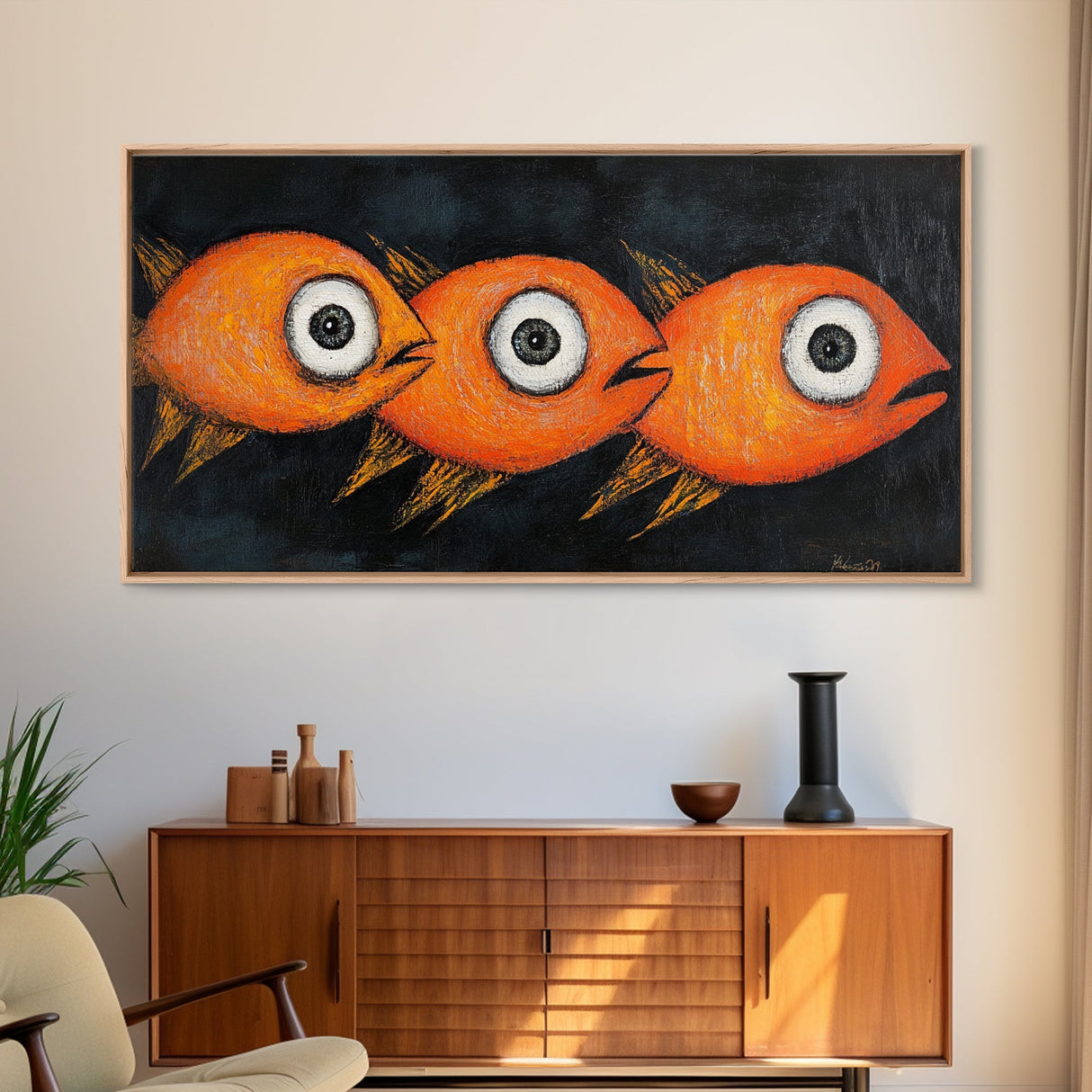 Retro 19th Century Folk Art Canvas Print, Funny Gold Fish Painting, Folk Art Painting, Whimsical Wall Art, Gold Fish Wall Art