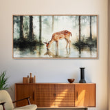 Rustic Farmhouse or Cabin Wall Art Painting of a Deer Drinking Water In The Forest, Minimalist Farmhouse Decor, Framed Canvas Print