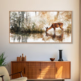 Young Doe Drinking Water In The Forest Framed Canvas Print, Painting of a Deer drinking Water, Gift for Hunter, Outdoorsman Gift, Cabin Art