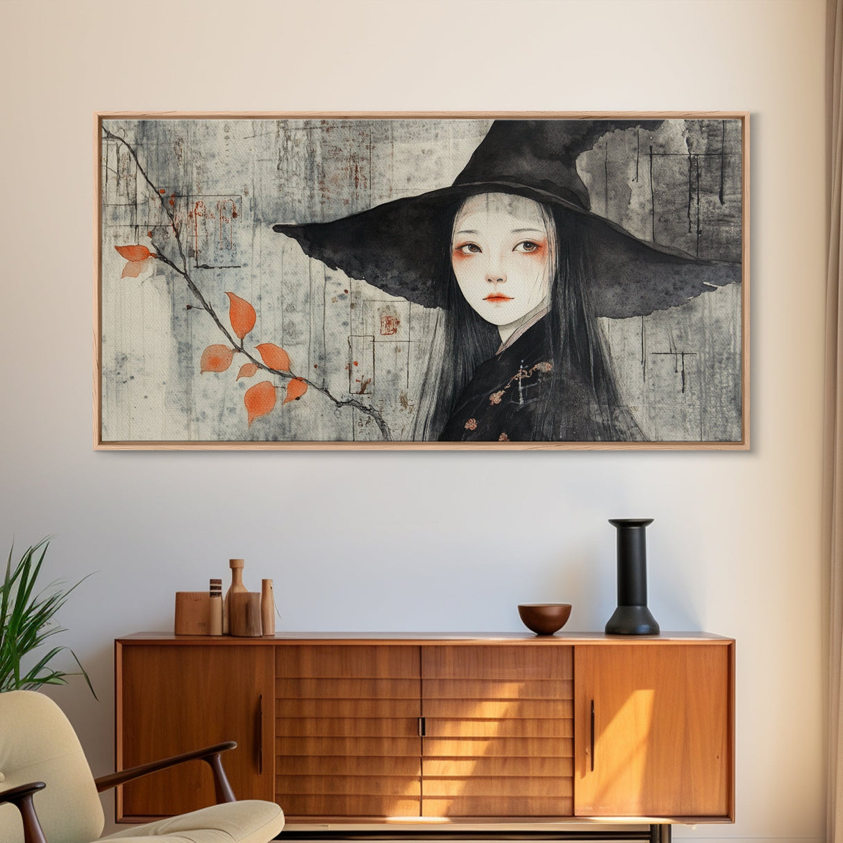 Wabi Sabi Japanese Witch Portrait - Framed Canvas Print - Wood Framed Art - Japanese Style Witchy Wall Art