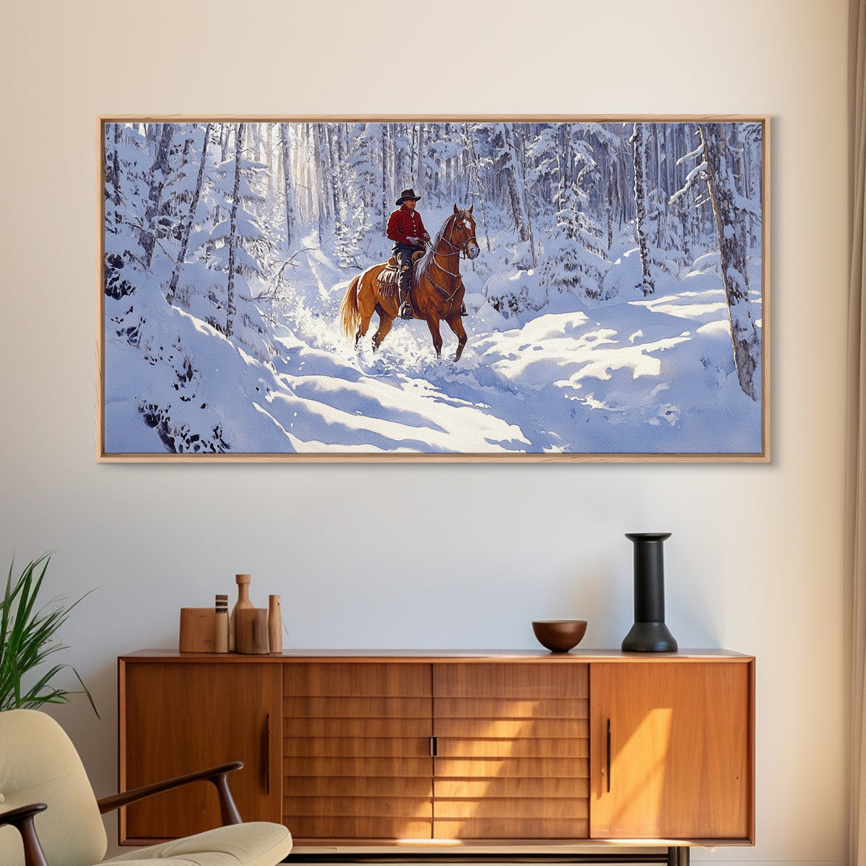 The Winter Cowboy Framed Canvas Print - Cowboy Rides His Horse Through The Snow - Cabin Decor - Outdoorsman Gift Idea - Cowboy Gift