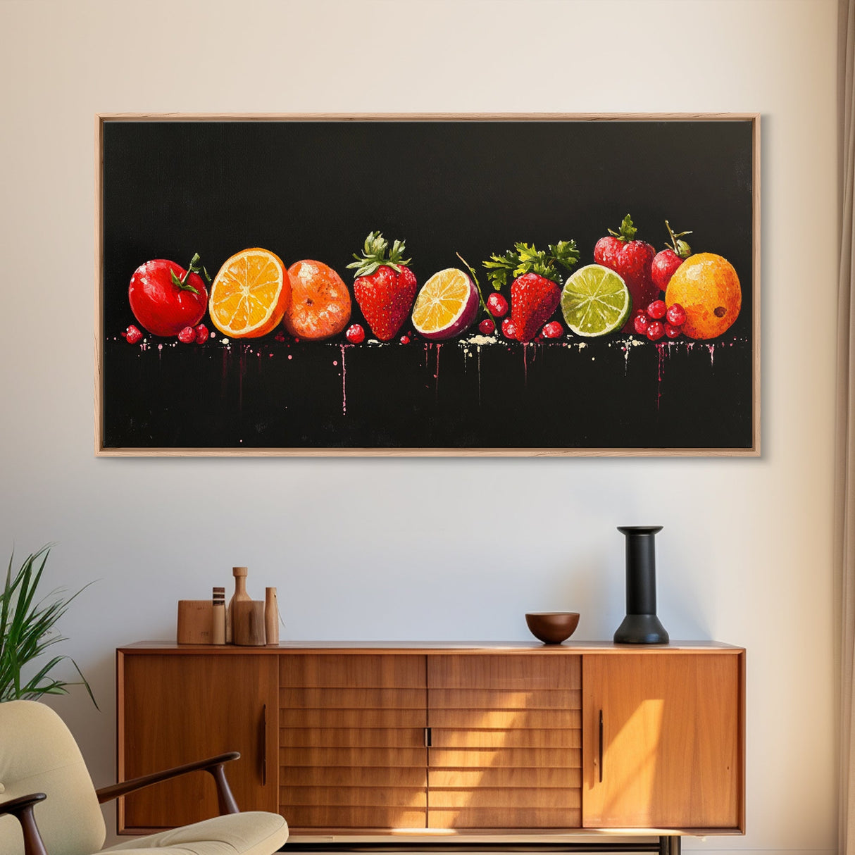 Funky Fruit Painting Print, Framed Canvas Art, Fruit Painting Rustic Large Farmhouse Kitchen Wall Art Vintage Fruit Wall Art For Kitchen
