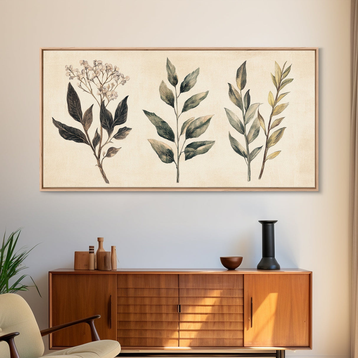 Boho Botanical Sketch Print, Botanical Wall Art, Framed Canvas Print, Minimalist Pencil Sketch Wall Art, Minimalist Home Decor, Living Room Art