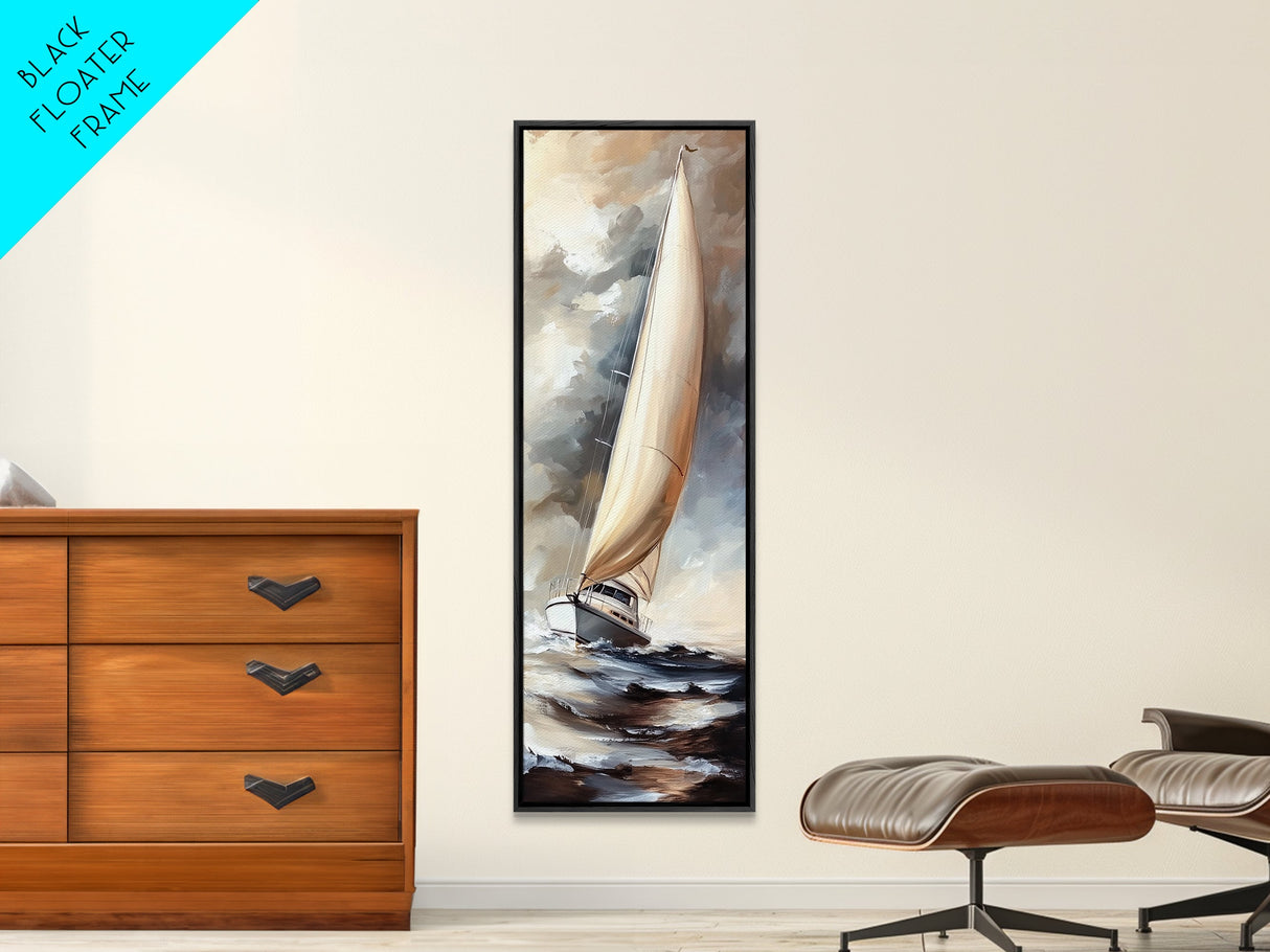 Sailboat painting nautical decor framed canvas print, classic coastal wall art, sailing scene with ocean waves, above bed living room art