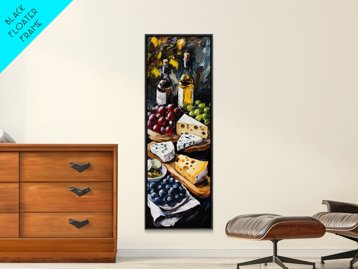 Framed Canvas Print Cheese and Wine Scene Painting Kitchen Wall Art Farmhouse Decor Rustic Art Culinary Print