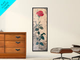 Red Rose Art Print Canvas Print, Japanese Inspired Rose Painting, Long Narrow Wall Art, Tall Skinny Art, Framed Canvas Print, Boho Wall Art