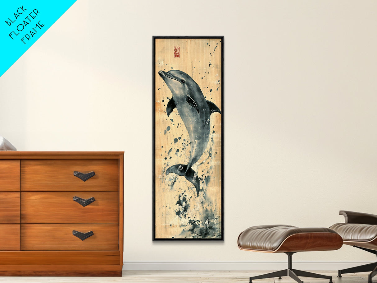 Framed Canvas Print Rustic Dolphin Art Coastal Decor in Nautical Theme, Minimalist Coastal Wall Art, Beach Living Room or Guest Room Decor