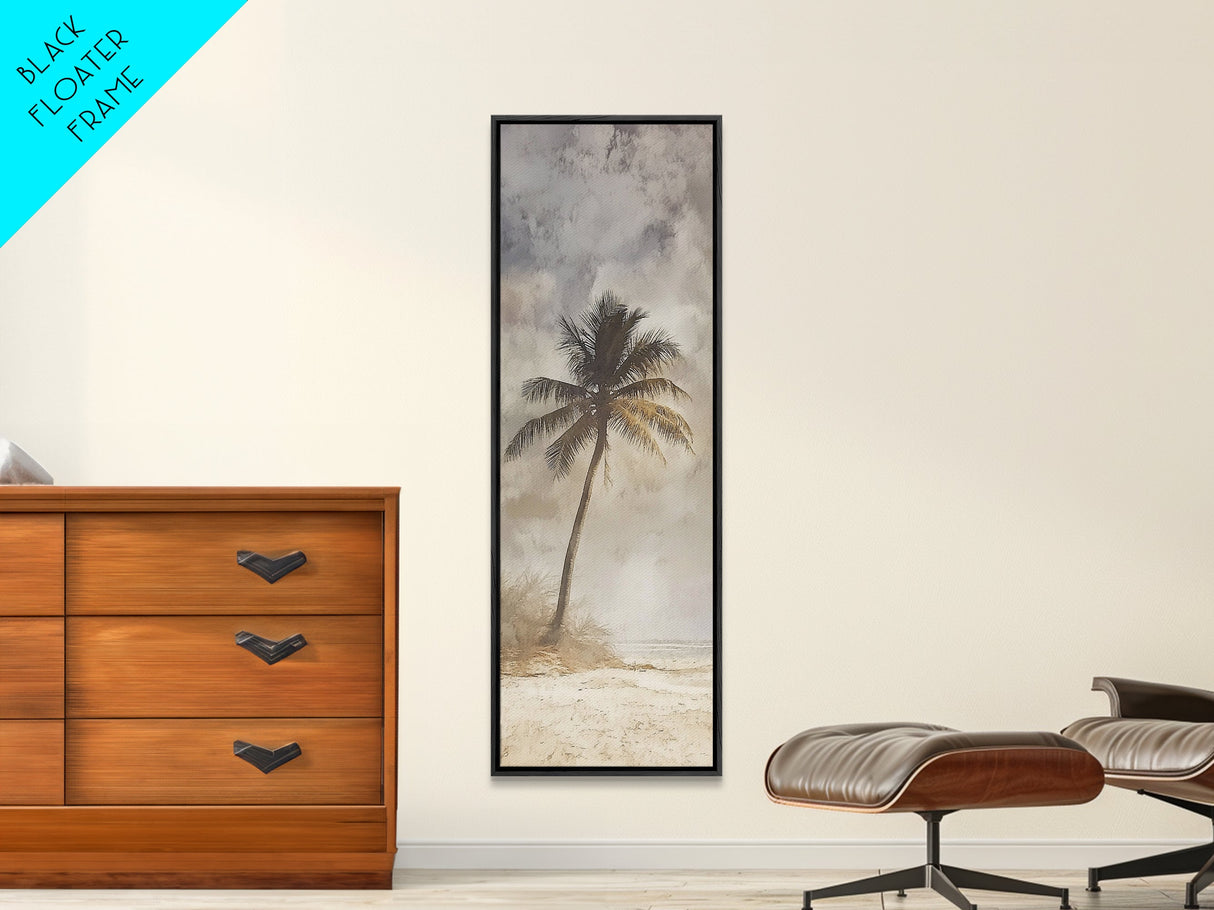Framed Canvas Print Moody Palm Tree Painting, Coastal Landscape Art, Wabi Sabi Art, Above Sofa Wall Decor, Rustic Beach Scene Print