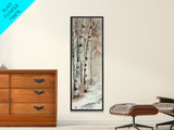 Winter Birch Forest Canvas Print – Wabi Sabi Art, Skinny Wall Art, Moody Winter Scene, Birch Tree Painting, Minimalist Art, Bedroom Wall Decor