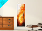 Sunset Blaze in Forest Framed Canvas Print – Dramatic Wall Art, Fiery Forest, Moody Scene, Rustic Decor, Living Room Art, Tall Narrow Art