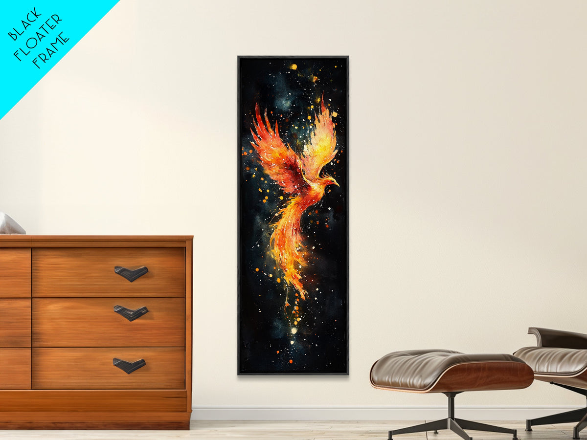 Radiant Phoenix in Flight Canvas Print, Framed Tall Wall Art, Unique Living Room Decor, Firebird Painting for Spiritual Art Lovers