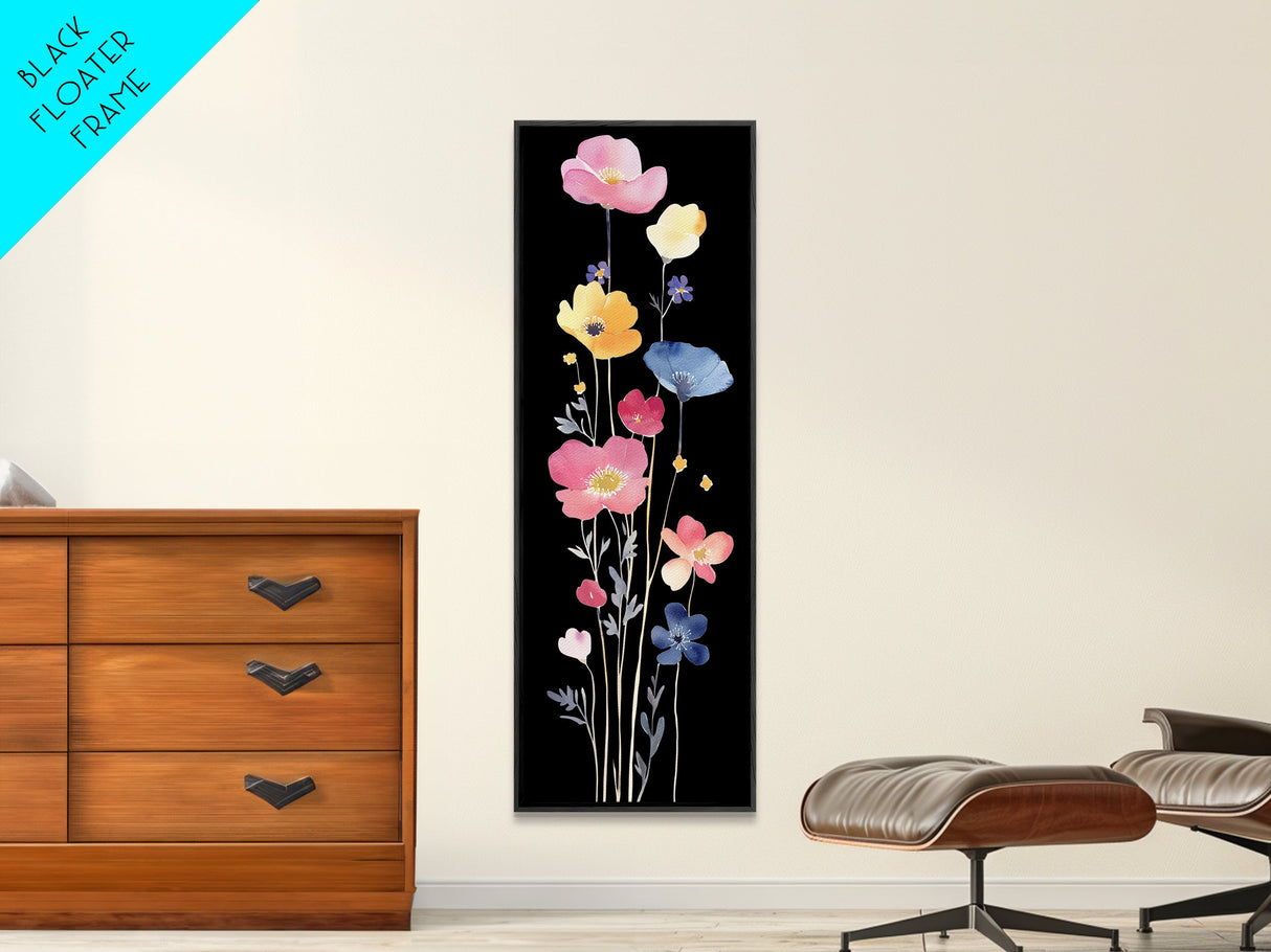 Vibrant Wildflower Watercolor Art - Framed Canvas Print with Black Background Featuring Colorful Poppy and Floral Scene