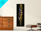Elegant Wildflower Botanical Art - Framed Canvas Print Featuring Vertical Array of Vibrant Blooms on Dark Background