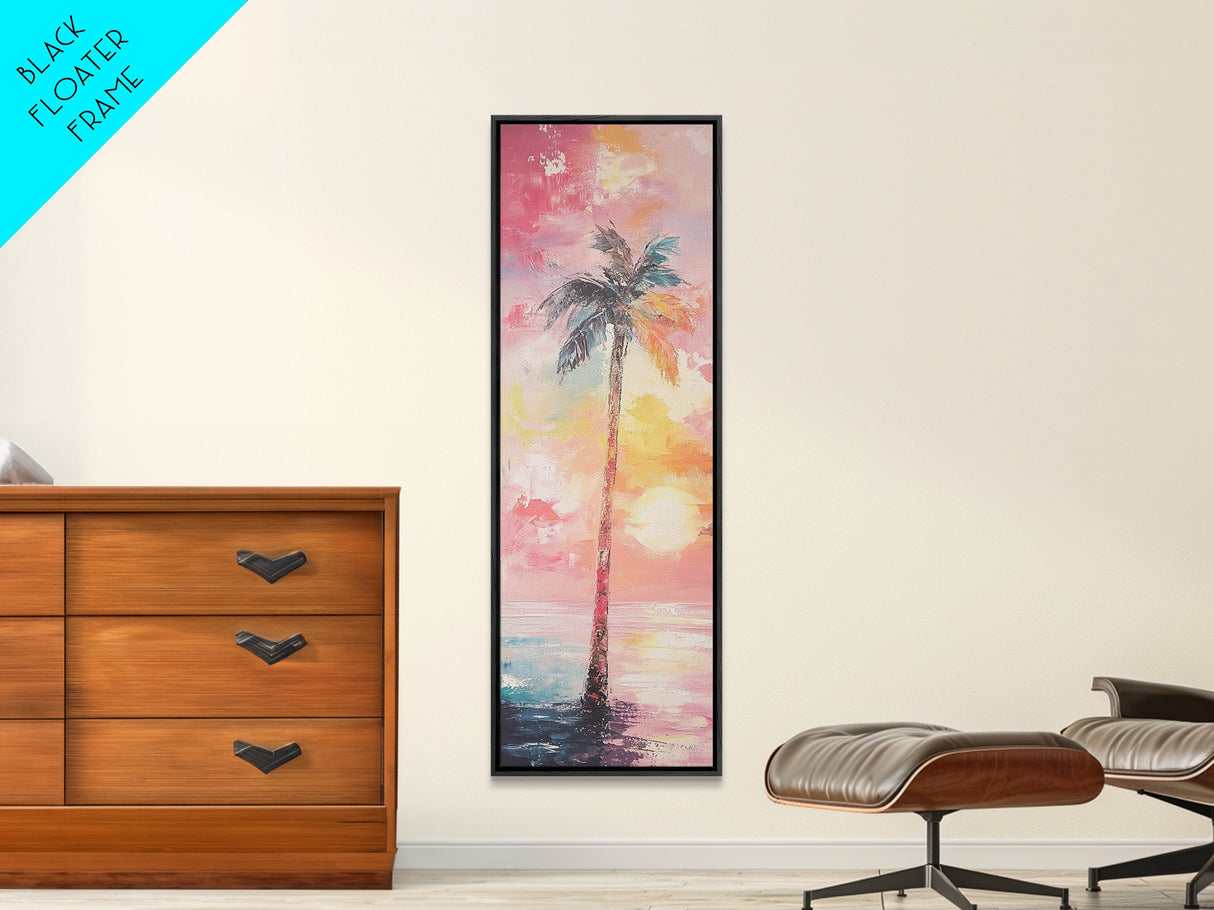 Palm Tree at Sunset Framed Canvas Print, Coastal Oil Painting, Coastal Decor, Tall Narrow Art, Accent Piece Wall Art, Coastal Landscape Art