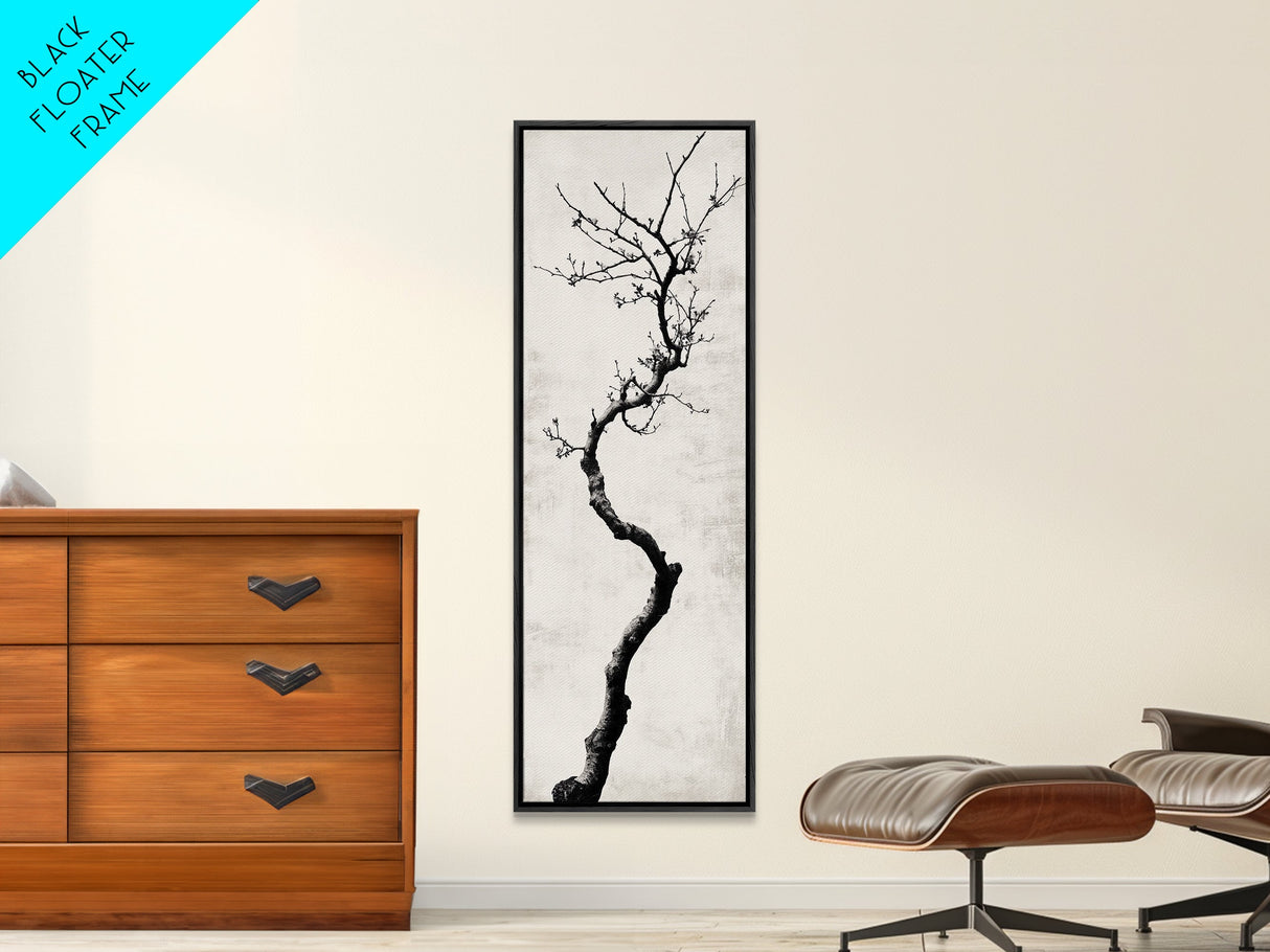 Framed Canvas Print of Minimalist Birch Tree Art in Black and White, Wabi Sabi Art, Rustic Wall Art, Above Bed Wall Art, Tall Skinny Art, Japanese Aesthetic