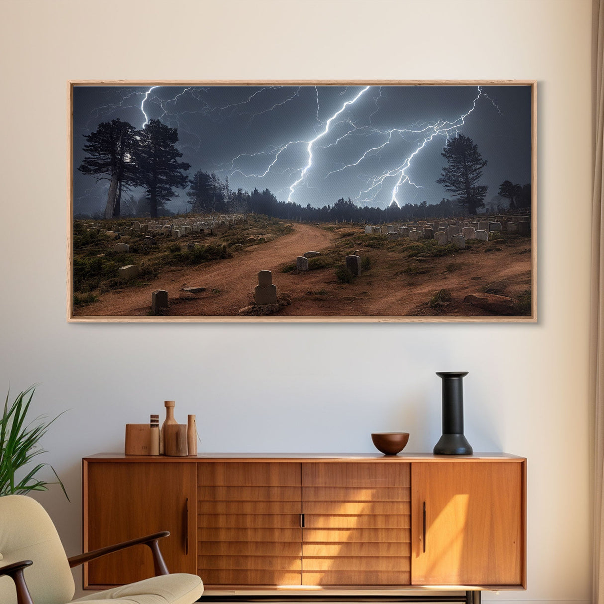 Gloomy Haunted Graveyard At Night, Lightning Storm, Halloween Cemetery Art, ready to hang canvas print wall art