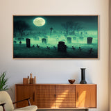 Halloween Cemetery At Night, Full Moon, Spooky Creepy Graveyard, ready to hang canvas print wall art