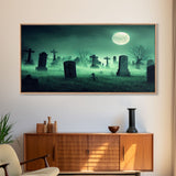 Full Moon Over A Haunted Cemetery At Night, Spooky Creepy Graveyard, ready to hang canvas print wall art, Halloween Art