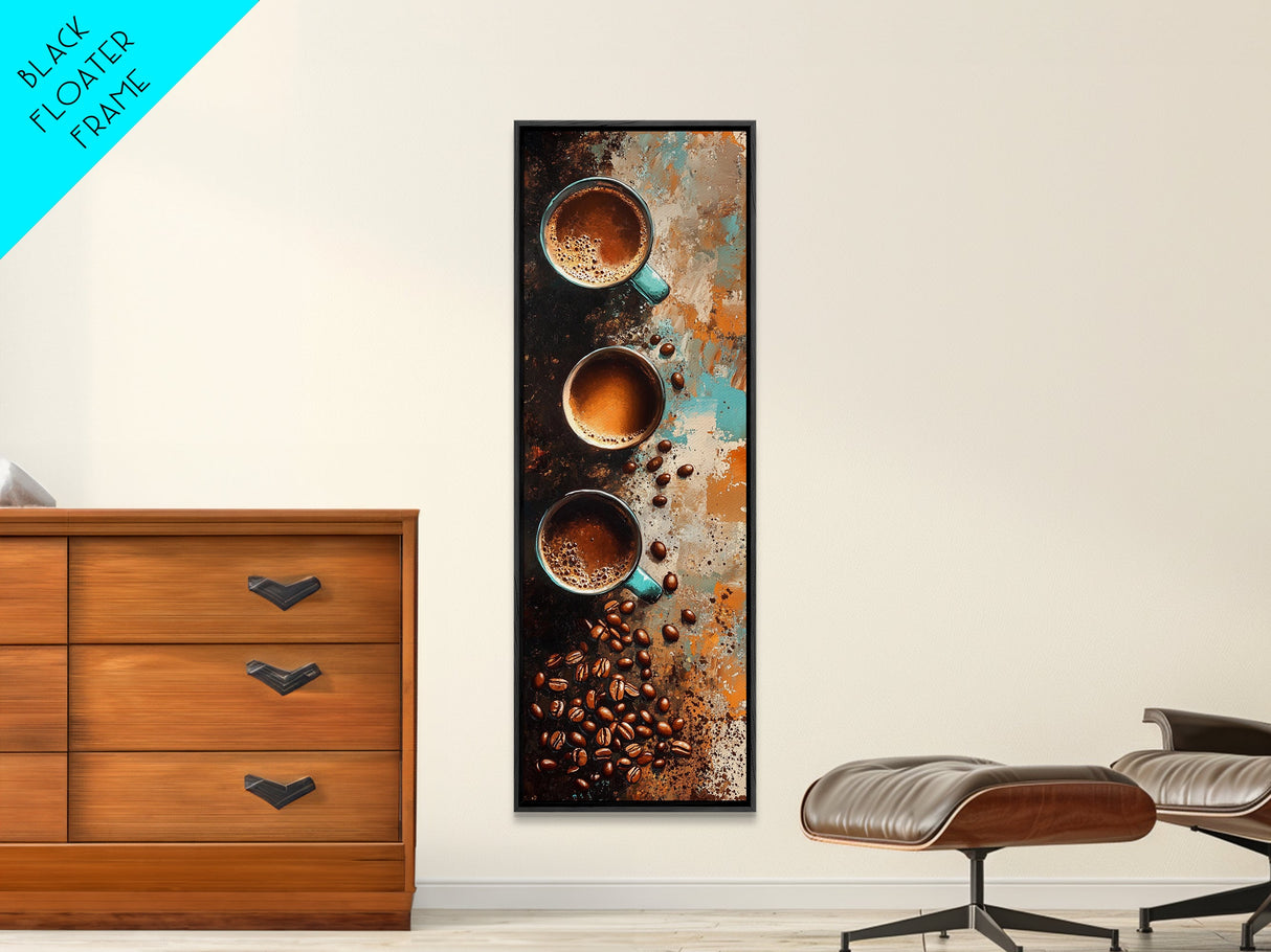 Coffee Beans and Cups Framed Canvas Print Rustic Coffee Wall Art Food Review Kitchen Art Espresso Martini Farmhouse Decor