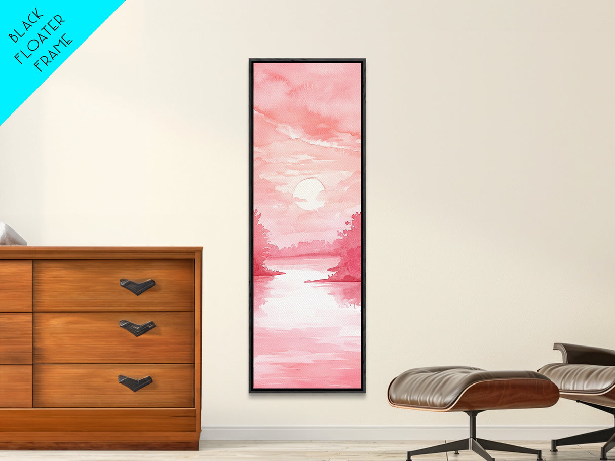 Serene Sunset Landscape Painting Framed Canvas Print with Light Pink Tones for Calm Living Room Art or Above Sofa Wall Decoration