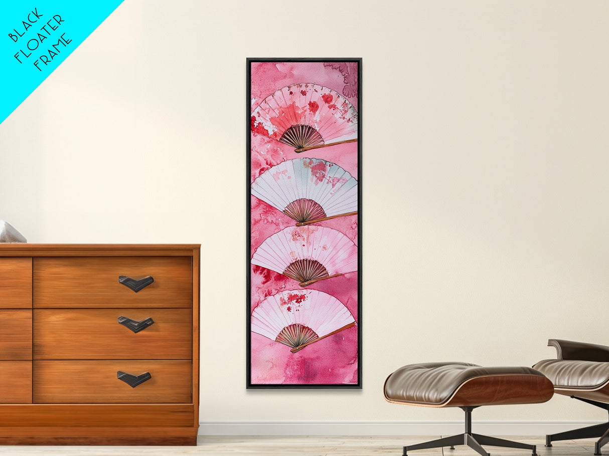 Elegant Fans Canvas Print - Chinoiserie Style Long Narrow Wall Art, Vintage-Inspired Pink Artwork, Skinny Vertical Painting