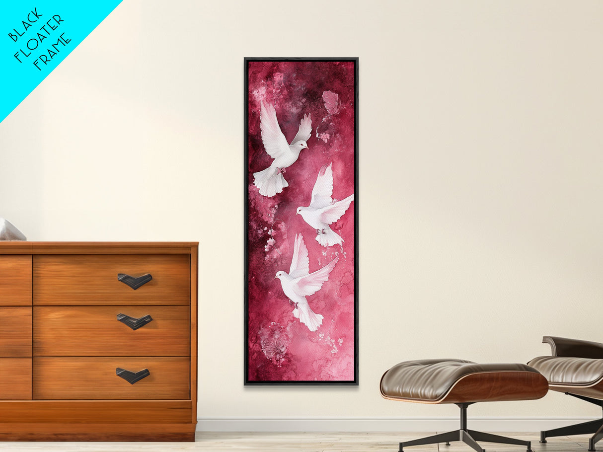 White Doves Canvas Print - Angel Art Prints on Burgundy Background, Symbolic Bird Art, Light Pink Abstract Vertical Wall Decor