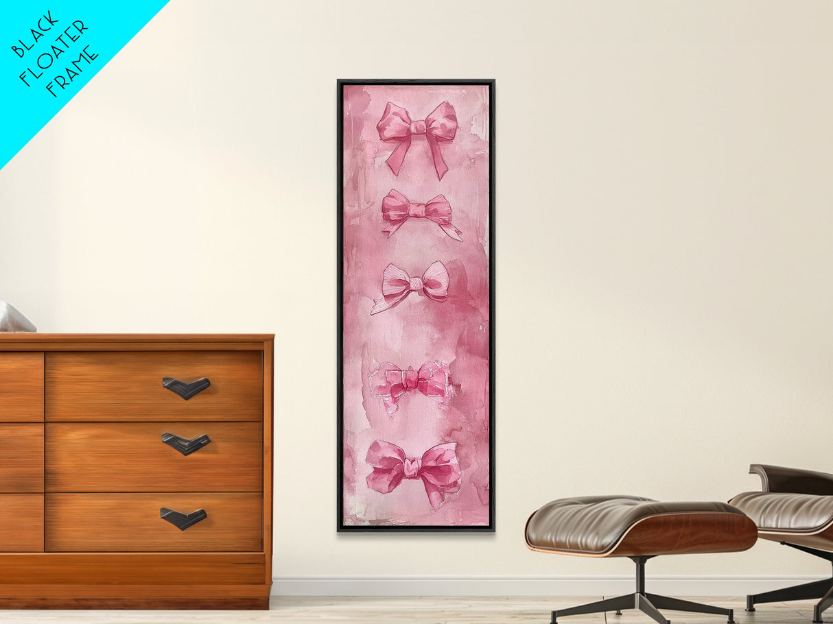 Pink Bows Framed Canvas Print Whimsical Art Light Pink Wall Art Long Narrow Wall Art Tall Skinny Art Dorm Decor Gift Idea