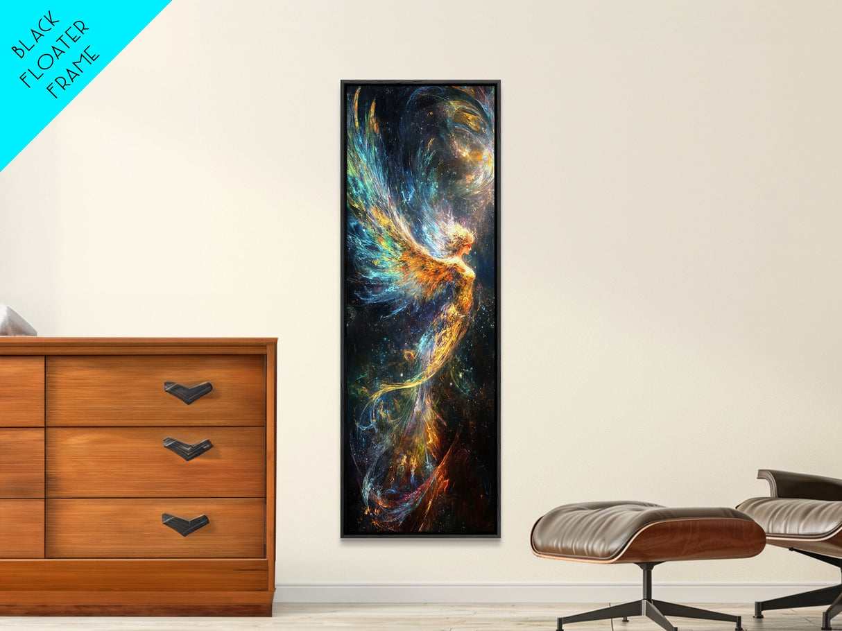 Ethereal Golden Angel Framed Canvas Print with Starlit Background, Angel Art Prints, Boho Art, Bedroom Art, Living Room Art, Vertical Wall Art