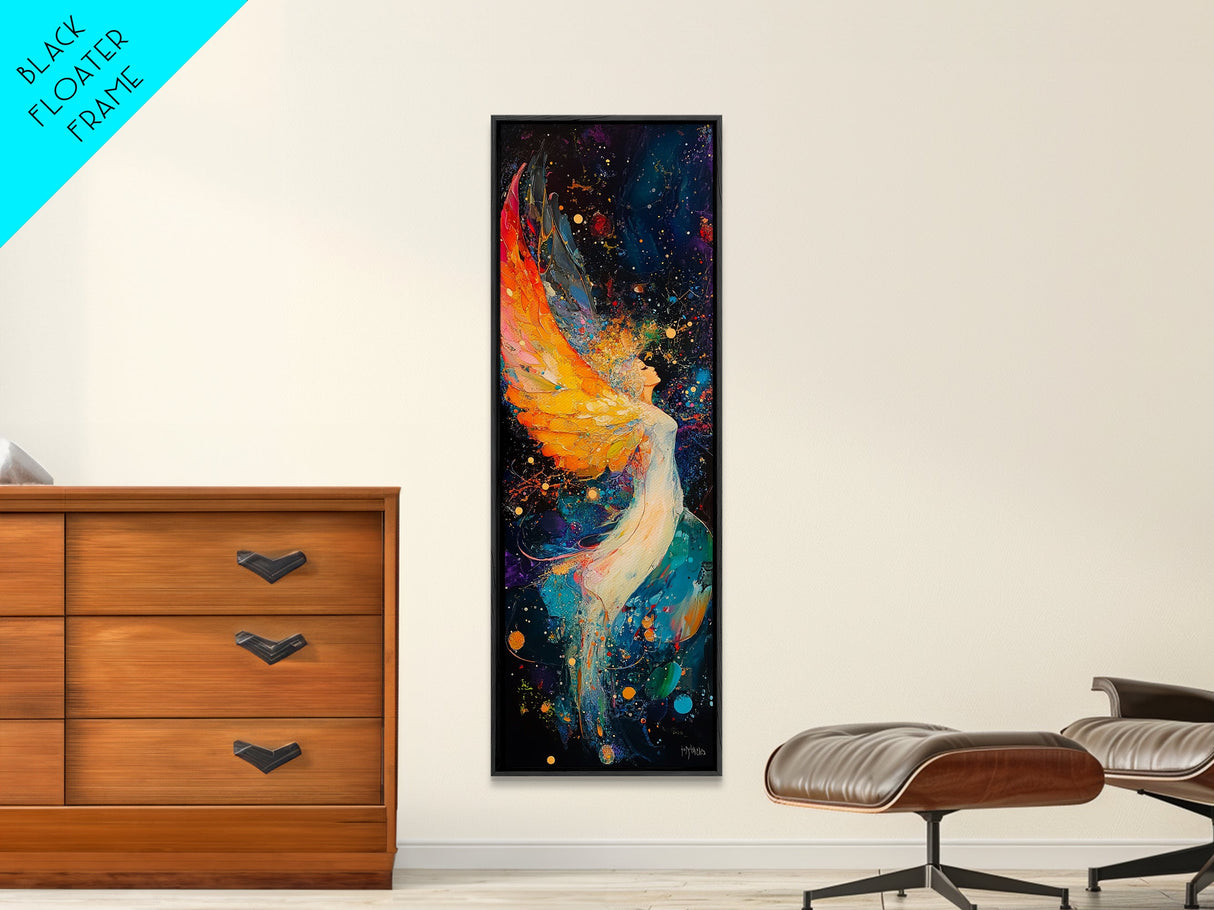 Abstract Angel Framed Canvas Print with Vibrant Colors, Phoenix Metal Art, Long Narrow Wall Art, Living Room Art, Vertical Wall Art