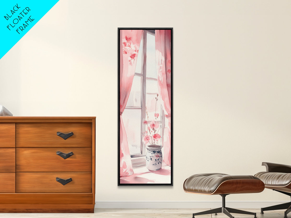 Sunlit Cherry Blossoms by Window Canvas Print, Whimsical Pink Botanical Wall Art, Rustic Aesthetic Decor, Bedroom or Living Room Accent