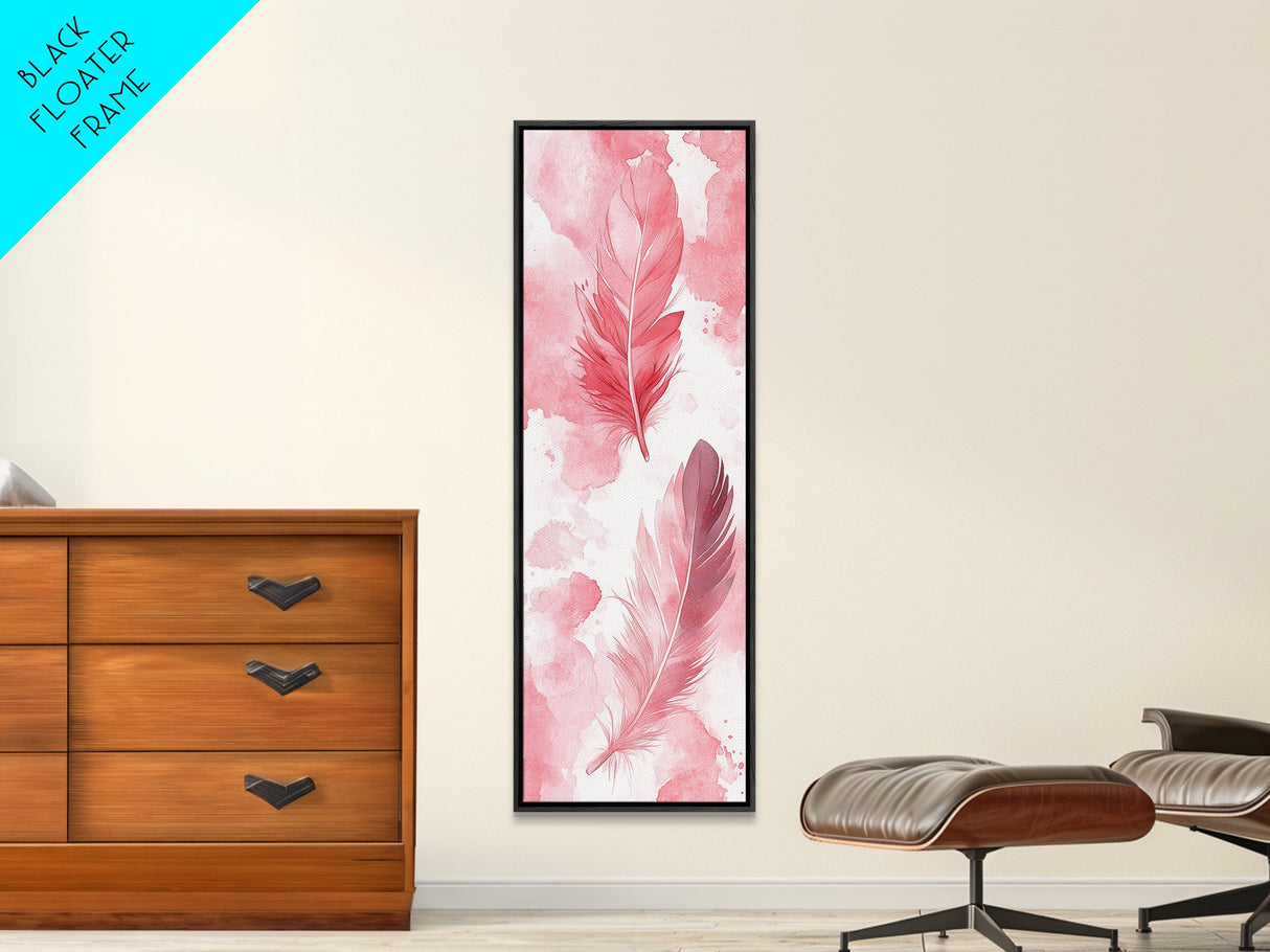 Elegant Feather Art Framed Canvas Print Boho Wabi Sabi Decor Vertical Wall Art Minimalist Feather Design Light Pink Wall Art